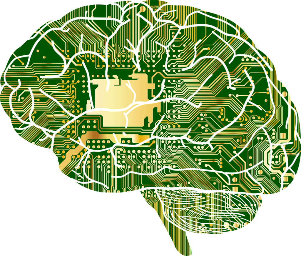 psicologia e videogiochi, l'immagine rappresenta un cervello formato da circuiti elettrici, verdi e dorati